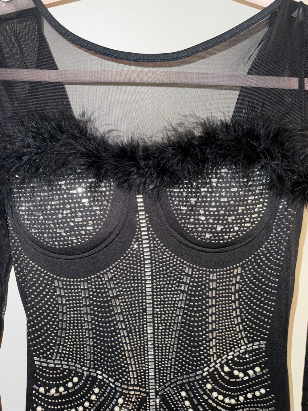Black Embellished Mini Dress with Feather Trim - Picture 3 of 5